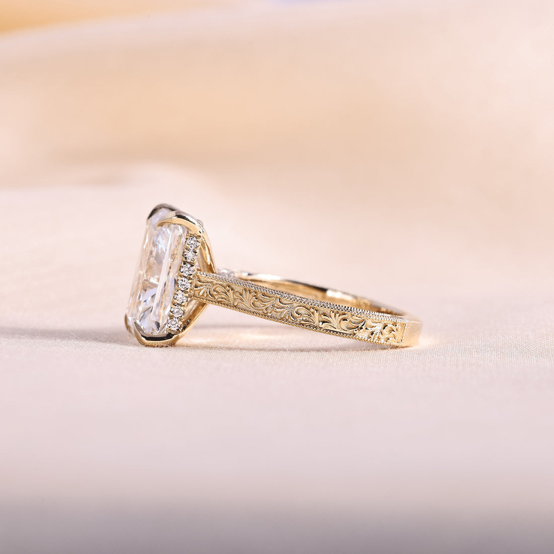 Radiant Cut Lab Grown Diamond Engagement Ring – Vintage Hand Engraved 14K Yellow Gold Band with Hidden Halo, 1 to 5 Carat