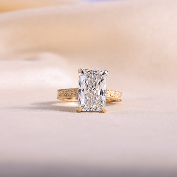 Radiant Cut Lab Grown Diamond Engagement Ring – Vintage Hand Engraved 14K Yellow Gold Band with Hidden Halo, 1 to 5 Carat