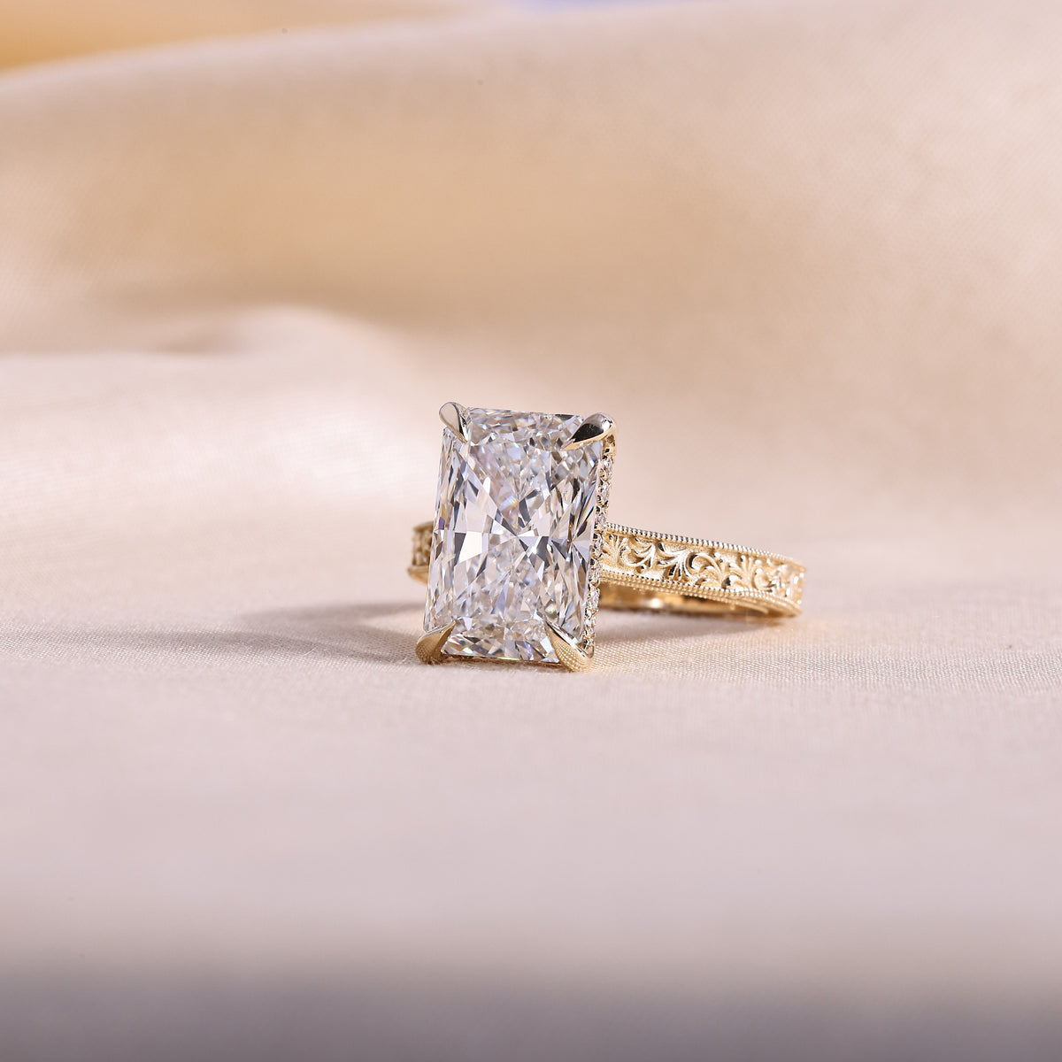 Radiant Cut Lab Grown Diamond Engagement Ring – Vintage Hand Engraved 14K Yellow Gold Band with Hidden Halo, 1 to 5 Carat