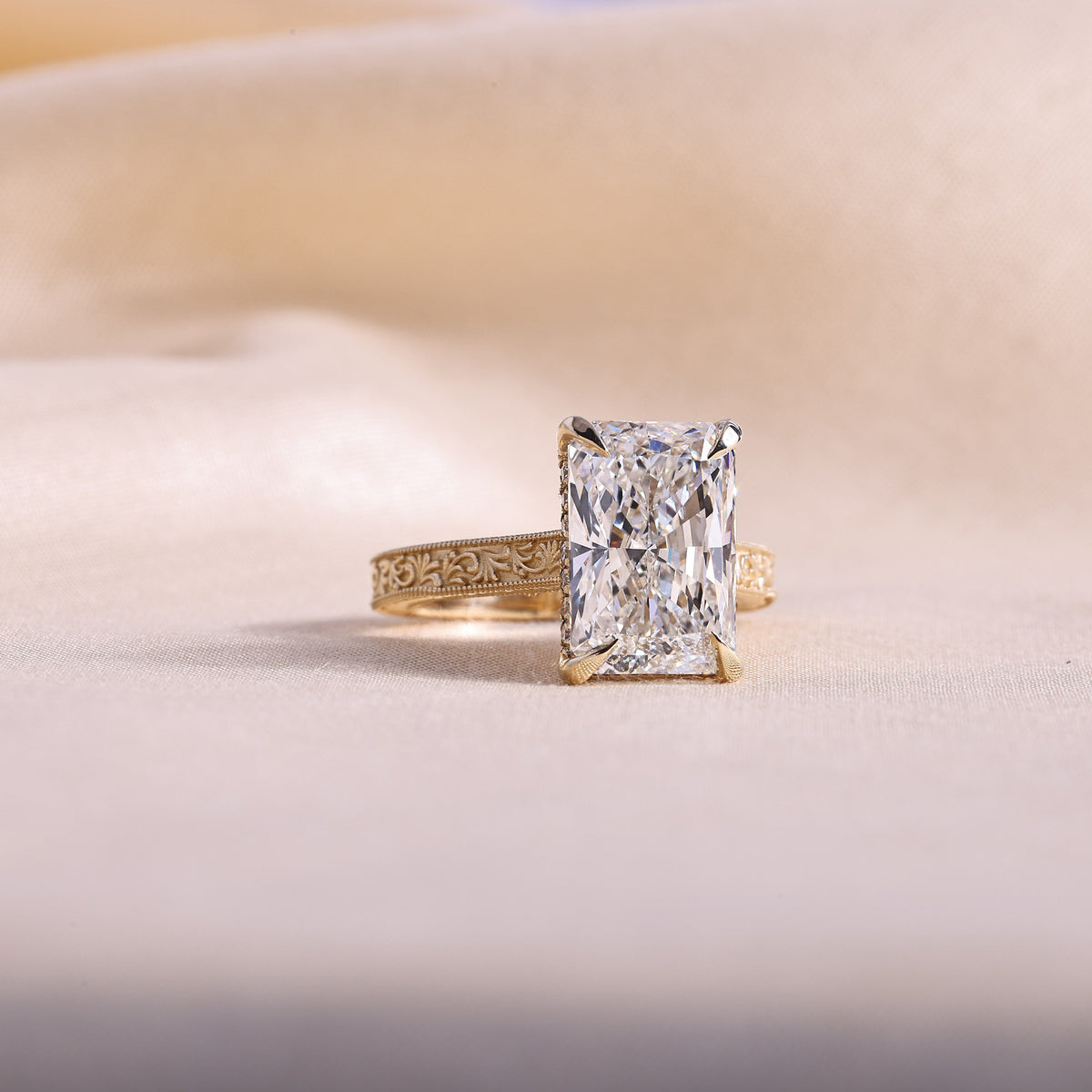 Radiant Cut Lab Grown Diamond Engagement Ring – Vintage Hand Engraved 14K Yellow Gold Band with Hidden Halo, 1 to 5 Carat