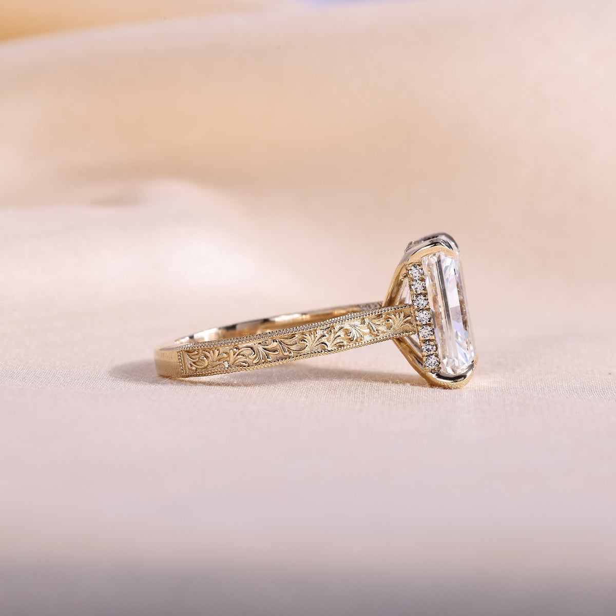 Radiant Cut Lab Grown Diamond Engagement Ring – Vintage Hand Engraved 14K Yellow Gold Band with Hidden Halo, 1 to 5 Carat