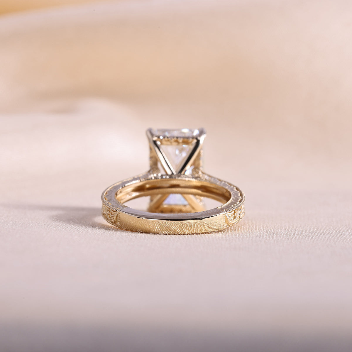 Radiant Cut Lab Grown Diamond Engagement Ring – Vintage Hand Engraved 14K Yellow Gold Band with Hidden Halo, 1 to 5 Carat