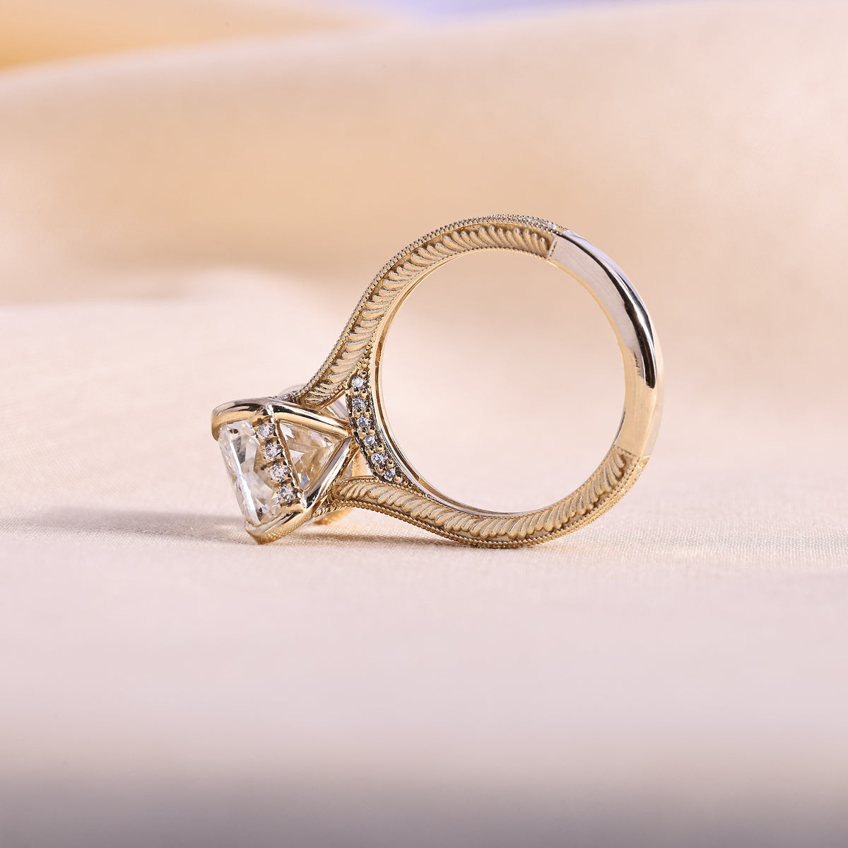 Radiant Cut Lab Grown Diamond Engagement Ring – Vintage Hand Engraved 14K Yellow Gold Band with Hidden Halo, 1 to 5 Carat