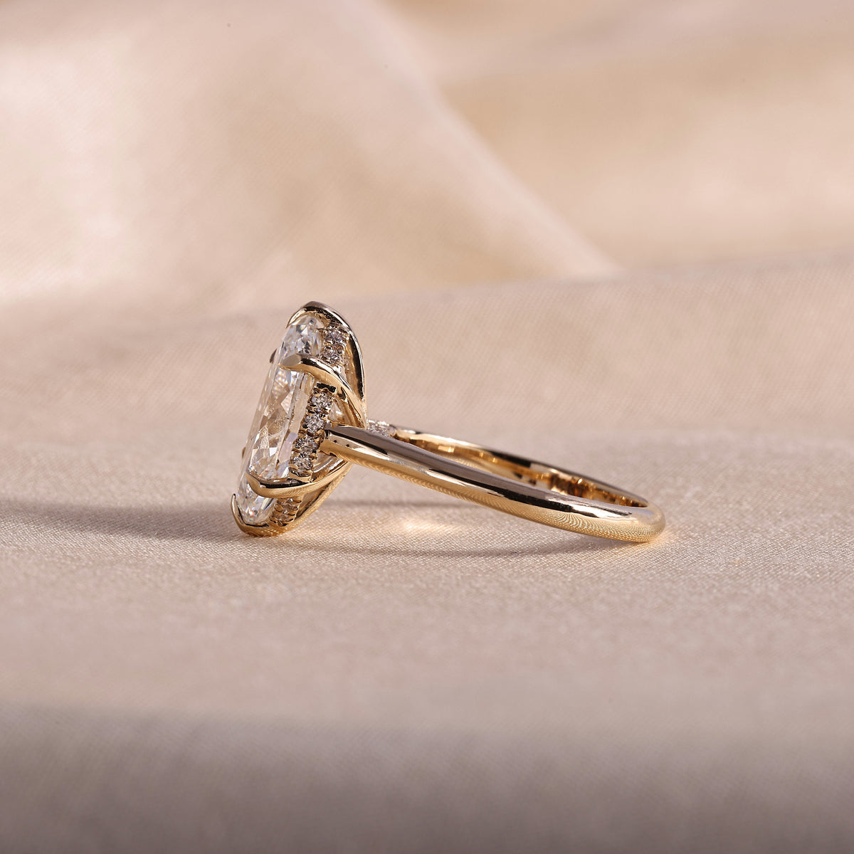 Elongated Oval Lab Grown Diamond Engagement Ring – 6 Prong Hidden Halo Solitaire, 14K Yellow Gold Cathedral Setting