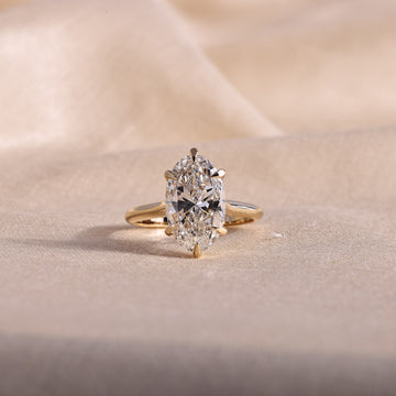 Elongated Oval Lab Grown Diamond Engagement Ring – 6 Prong Hidden Halo Solitaire, 14K Yellow Gold Cathedral Setting