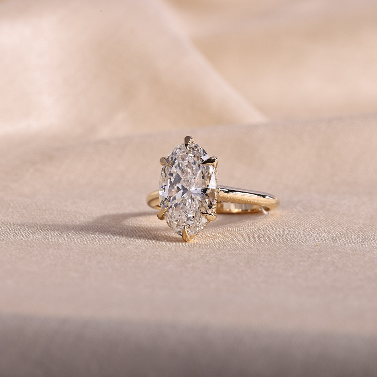 Elongated Oval Lab Grown Diamond Engagement Ring – 6 Prong Hidden Halo Solitaire, 14K Yellow Gold Cathedral Setting