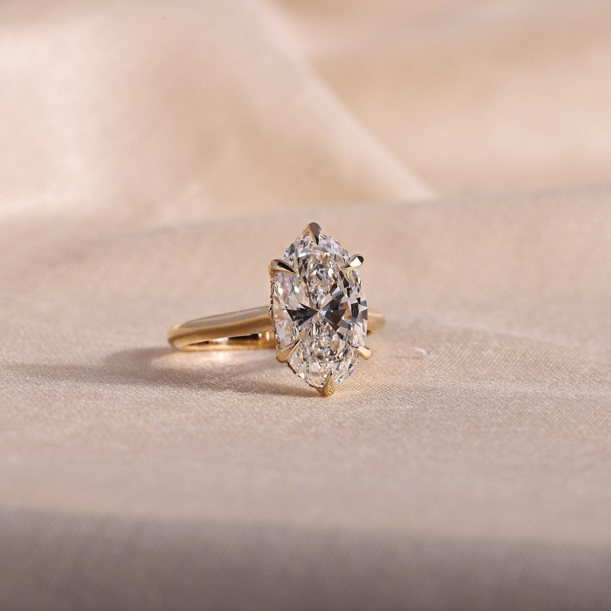 Elongated Oval Lab Grown Diamond Engagement Ring – 6 Prong Hidden Halo Solitaire, 14K Yellow Gold Cathedral Setting