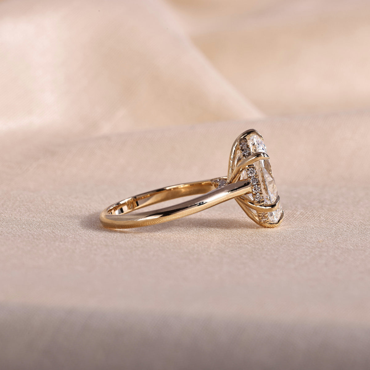 Elongated Oval Lab Grown Diamond Engagement Ring – 6 Prong Hidden Halo Solitaire, 14K Yellow Gold Cathedral Setting