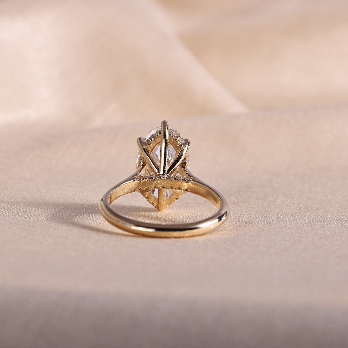 Elongated Oval Lab Grown Diamond Engagement Ring – 6 Prong Hidden Halo Solitaire, 14K Yellow Gold Cathedral Setting