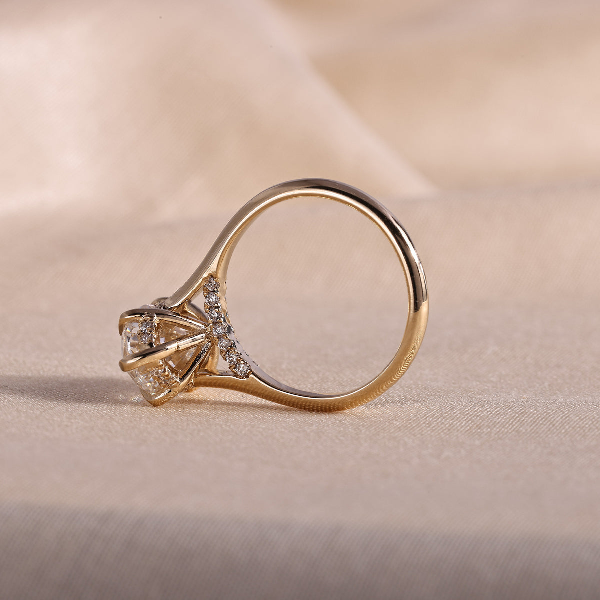 Elongated Oval Lab Grown Diamond Engagement Ring – 6 Prong Hidden Halo Solitaire, 14K Yellow Gold Cathedral Setting