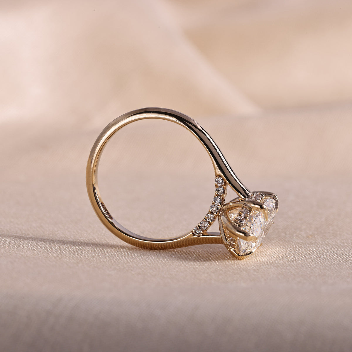 Elongated Oval Lab Grown Diamond Engagement Ring – 6 Prong Hidden Halo Solitaire, 14K Yellow Gold Cathedral Setting