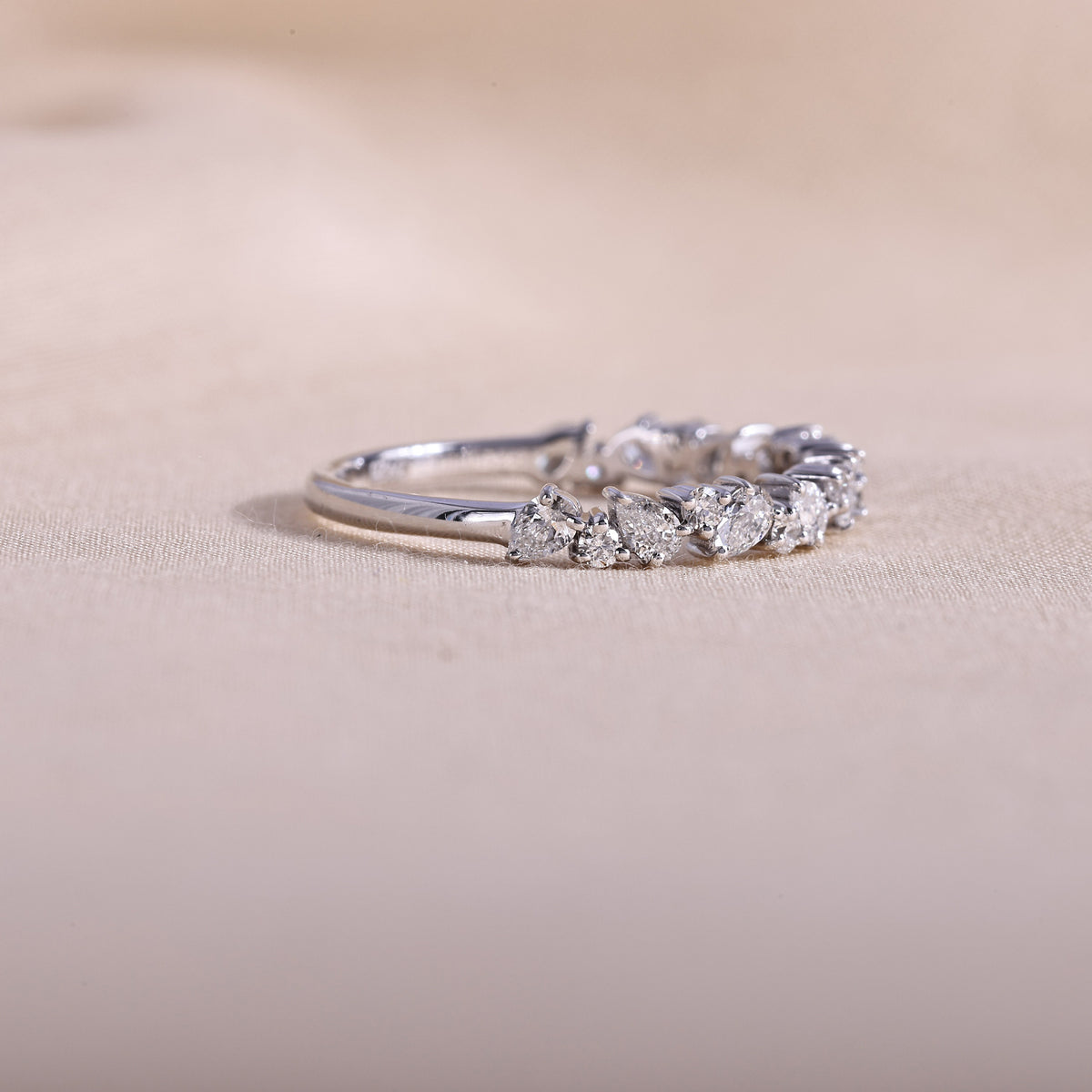 Pear & Round Diamond Cluster Wedding Band – 14K White Gold Half Eternity Stacking Ring, Lab Grown Diamonds