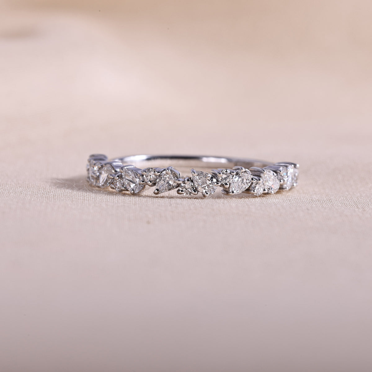 Pear & Round Diamond Cluster Wedding Band – 14K White Gold Half Eternity Stacking Ring, Lab Grown Diamonds