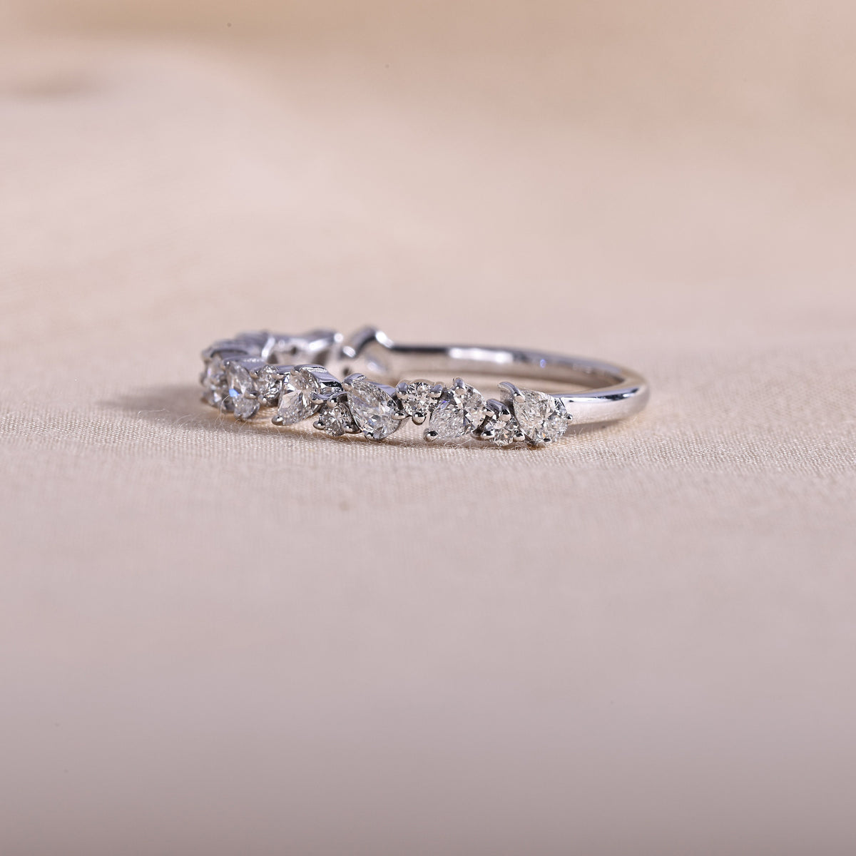 Pear & Round Diamond Cluster Wedding Band – 14K White Gold Half Eternity Stacking Ring, Lab Grown Diamonds