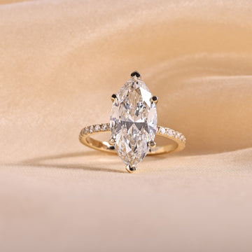 Marquise Cut Lab Grown Diamond Engagement Ring – 6 Prong Pavé Band Solitaire, 14K Yellow Gold
