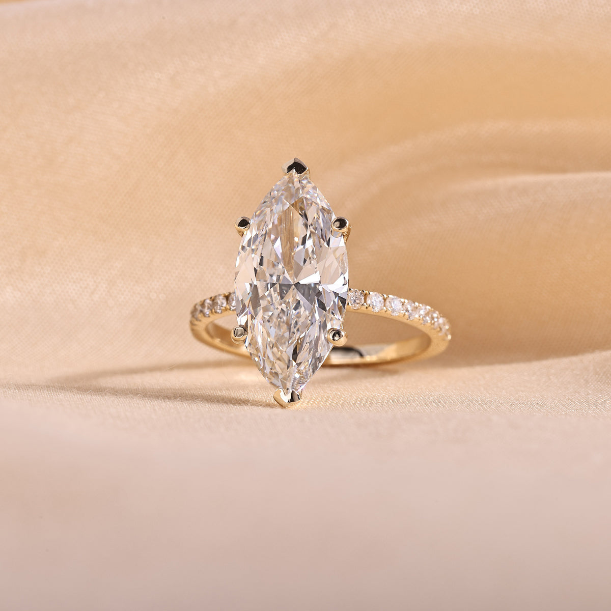 Marquise Cut Lab Grown Diamond Engagement Ring – 6 Prong Pavé Band Solitaire, 14K Yellow Gold