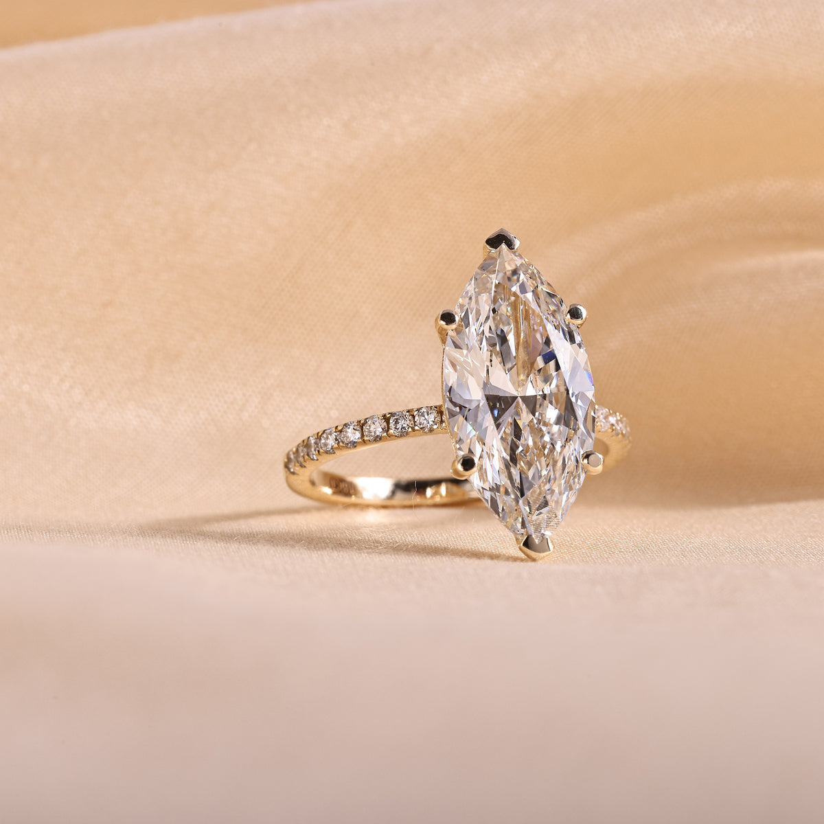 Marquise Cut Lab Grown Diamond Engagement Ring – 6 Prong Pavé Band Solitaire, 14K Yellow Gold