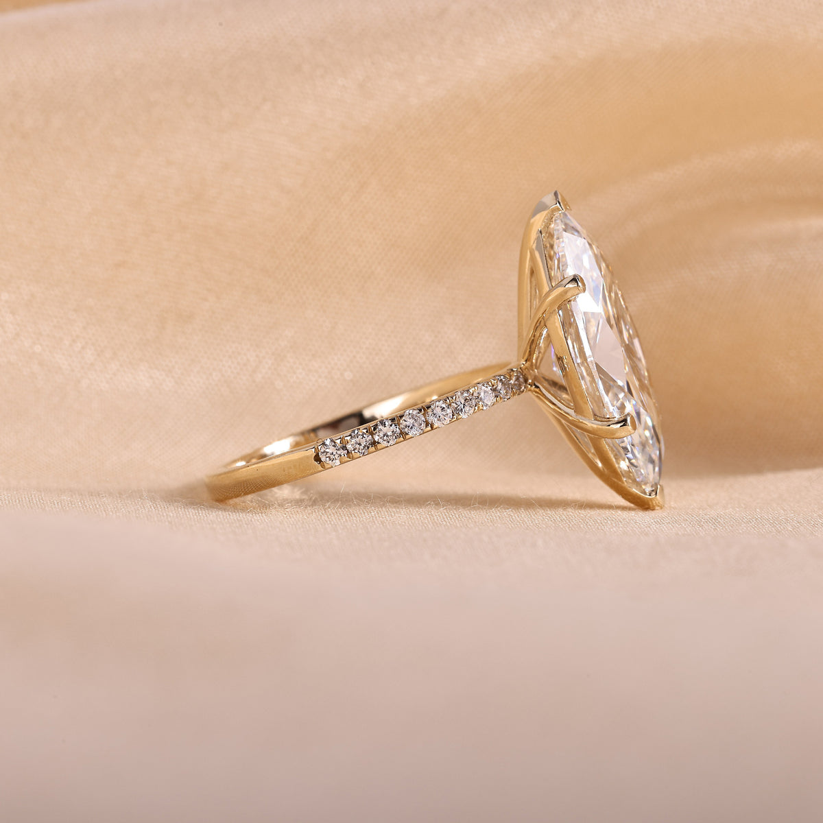 Marquise Cut Lab Grown Diamond Engagement Ring – 6 Prong Pavé Band Solitaire, 14K Yellow Gold