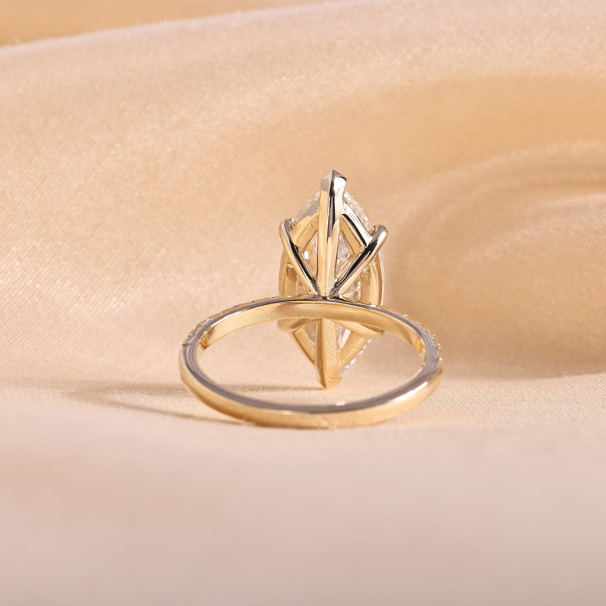 Marquise Cut Lab Grown Diamond Engagement Ring – 6 Prong Pavé Band Solitaire, 14K Yellow Gold