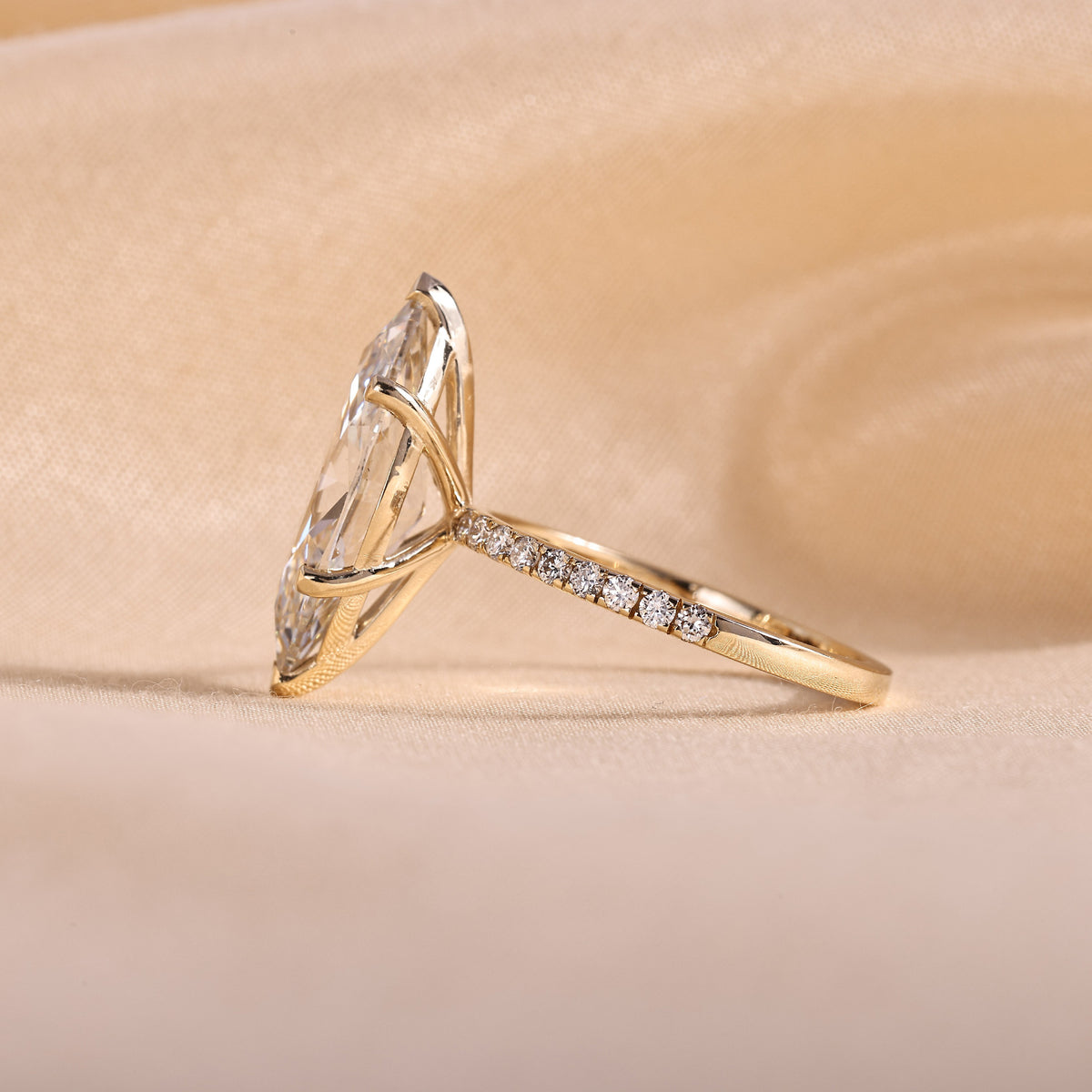 Marquise Cut Lab Grown Diamond Engagement Ring – 6 Prong Pavé Band Solitaire, 14K Yellow Gold