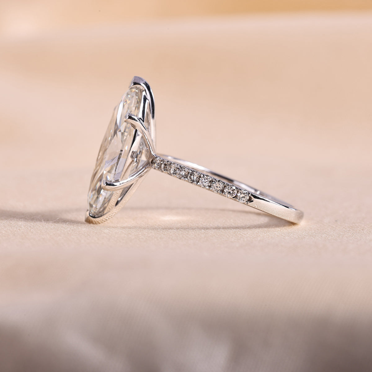 Marquise Cut Lab Grown Diamond Engagement Ring – 6 Prong Solitaire with Pavé Band, 14K White Gold