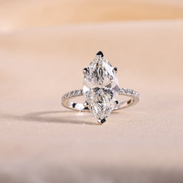 Marquise Cut Lab Grown Diamond Engagement Ring – 6 Prong Solitaire with Pavé Band, 14K White Gold