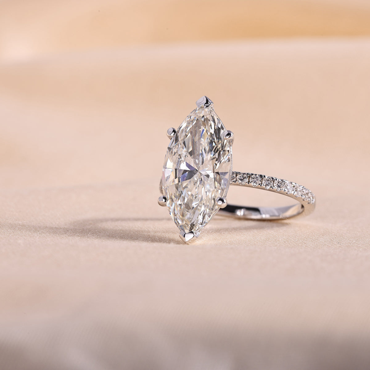 Marquise Cut Lab Grown Diamond Engagement Ring – 6 Prong Solitaire with Pavé Band, 14K White Gold