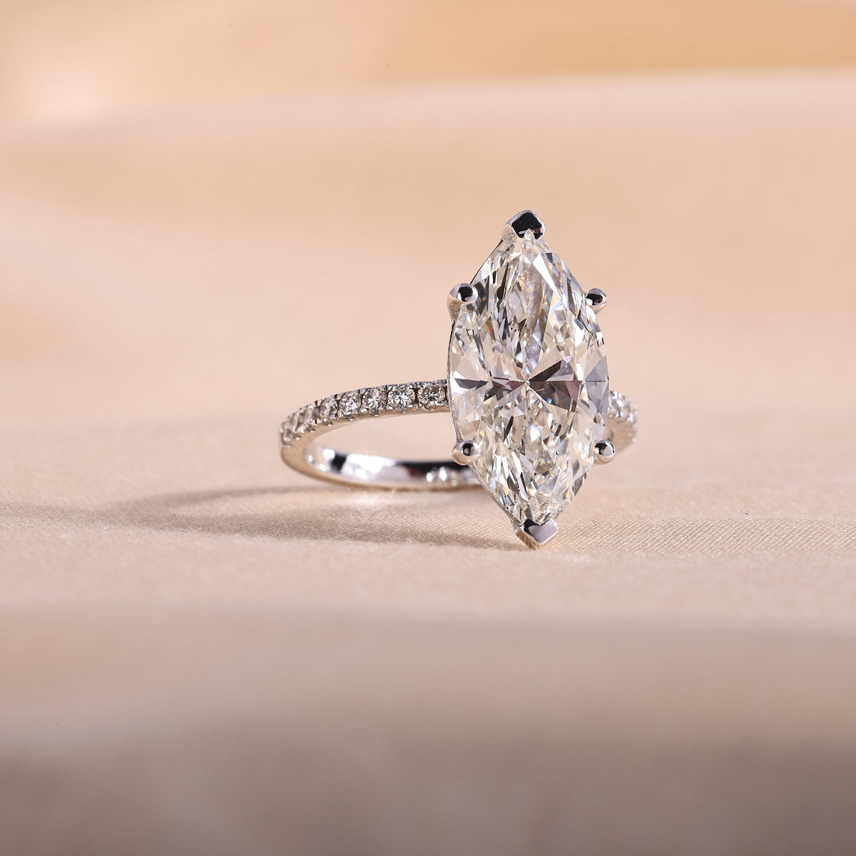Marquise Cut Lab Grown Diamond Engagement Ring – 6 Prong Solitaire with Pavé Band, 14K White Gold