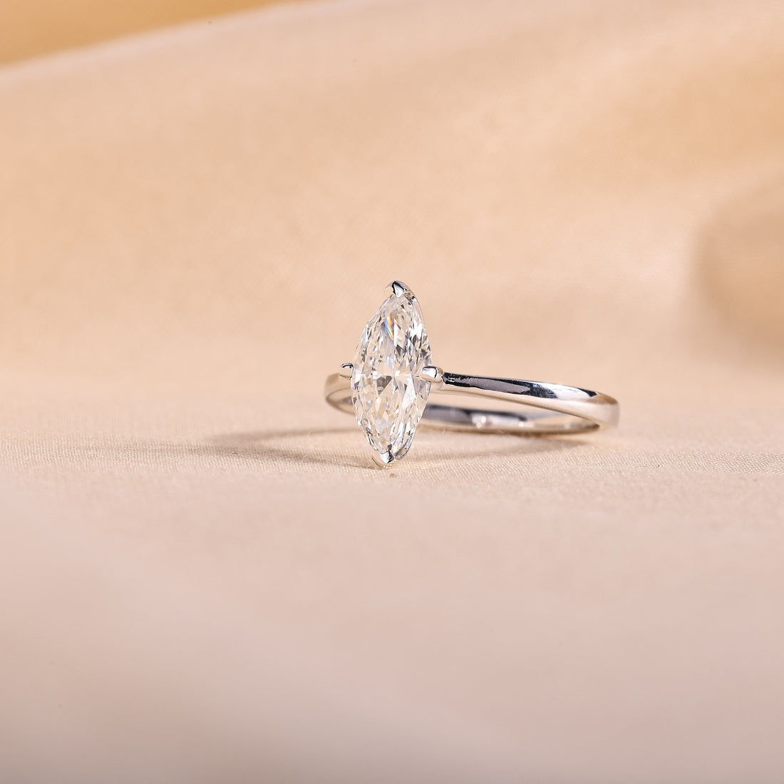 Marquise Cut Lab Grown Diamond Solitaire Engagement Ring – 14K White Gold Plain Band, 2 Carat
