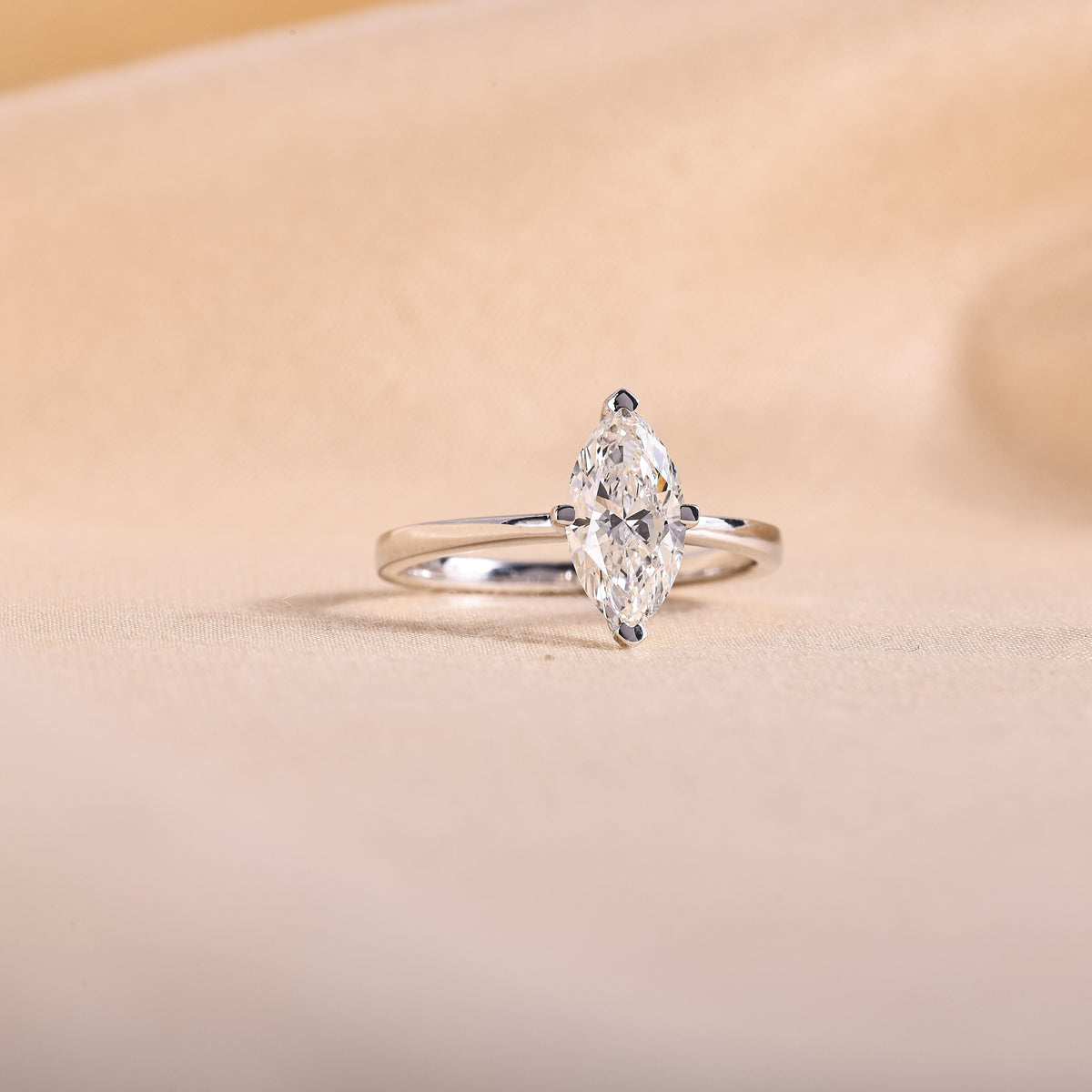 Marquise Cut Lab Grown Diamond Solitaire Engagement Ring – 14K White Gold Plain Band, 2 Carat