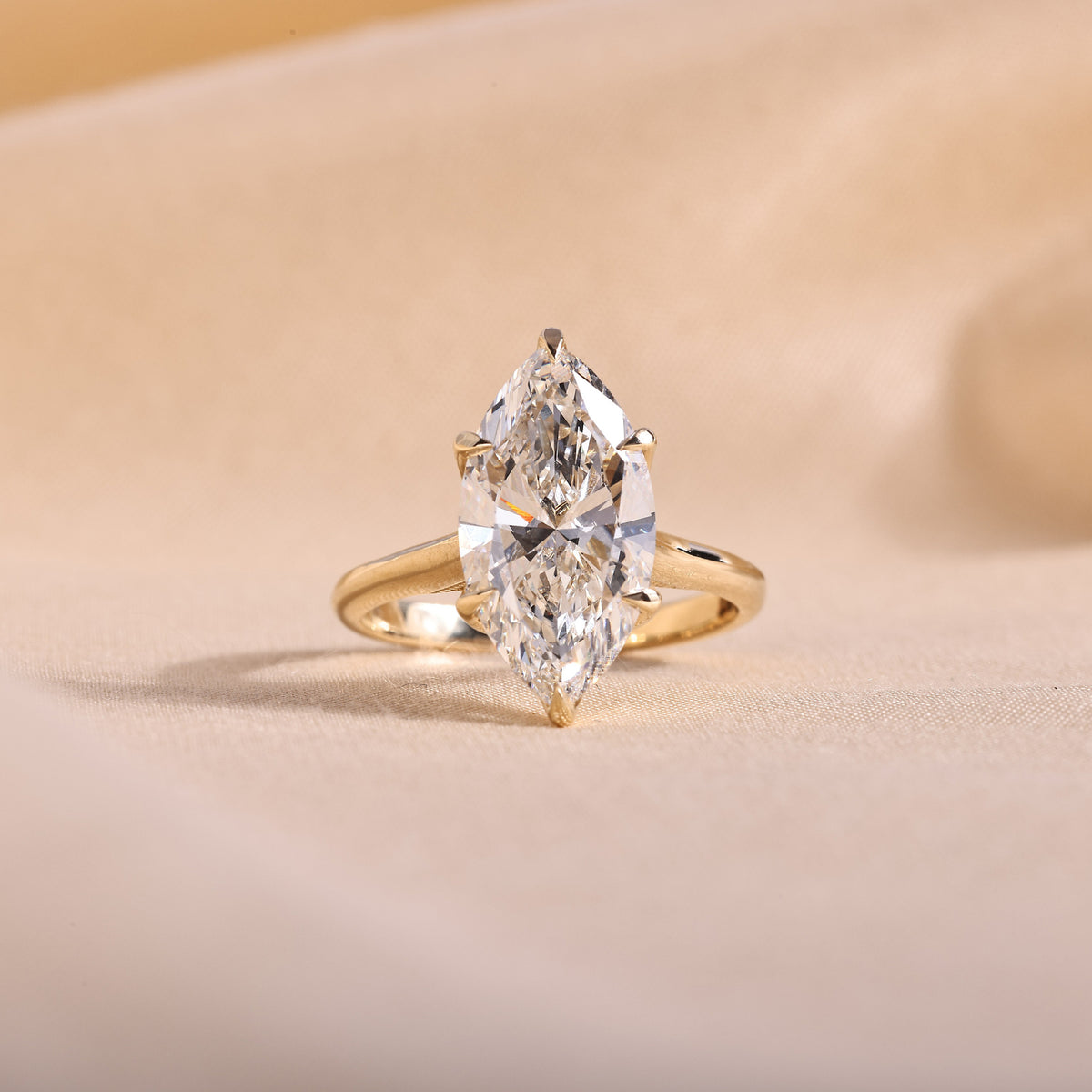Marquise Cut Lab Grown Diamond Engagement Ring with Tulip Basket & Accent Shoulders – 14K Yellow Gold, 4.93 Carat