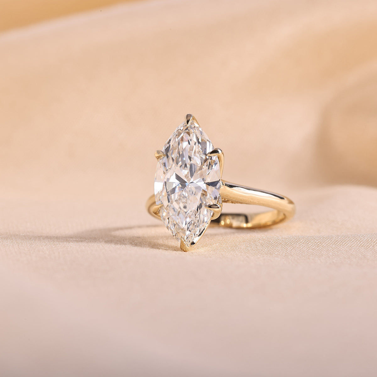 Marquise Cut Lab Grown Diamond Engagement Ring with Tulip Basket & Accent Shoulders – 14K Yellow Gold, 4.93 Carat