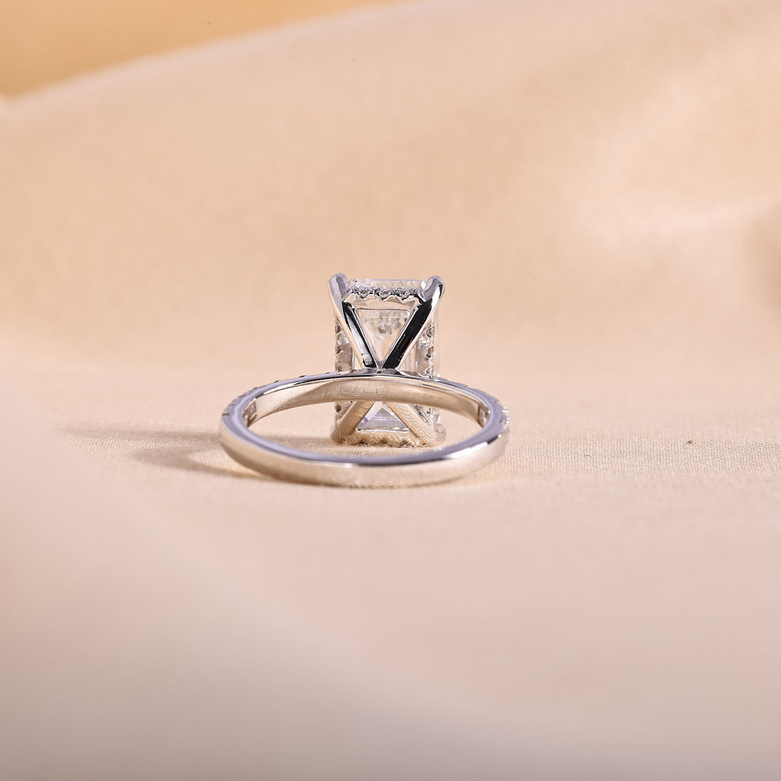 Emerald Cut Lab Grown Diamond Engagement Ring with Hidden Halo & Pave Band – 14K White Gold, 1 to 5 Carat