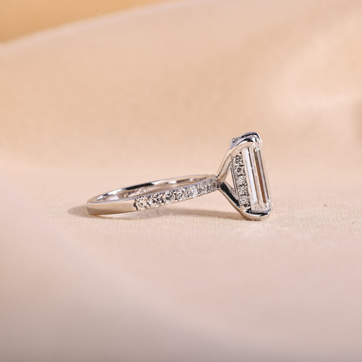 Emerald Cut Lab Grown Diamond Engagement Ring with Hidden Halo & Pave Band – 14K White Gold, 1 to 5 Carat
