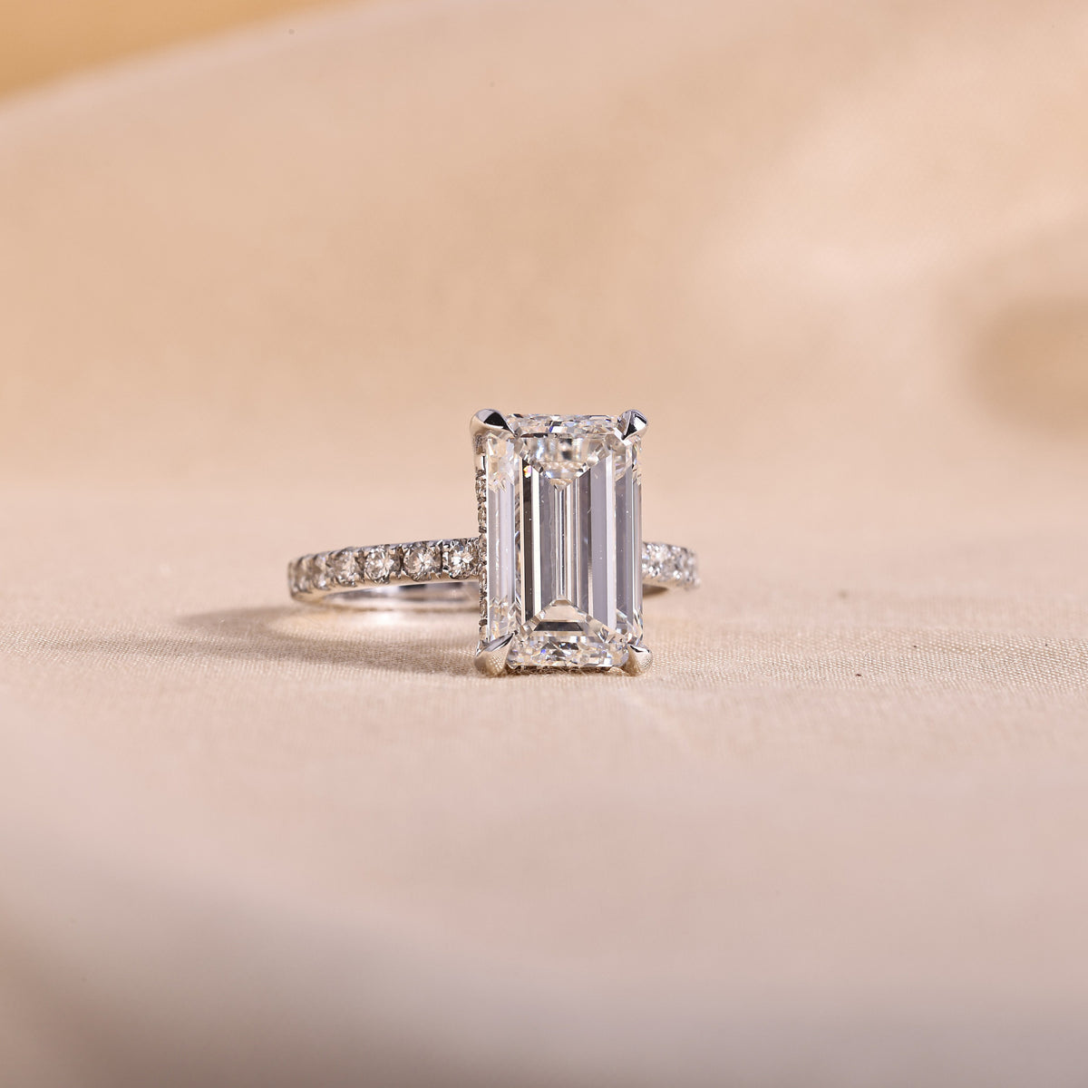Emerald Cut Lab Grown Diamond Engagement Ring with Hidden Halo & Pave Band – 14K White Gold, 1 to 5 Carat