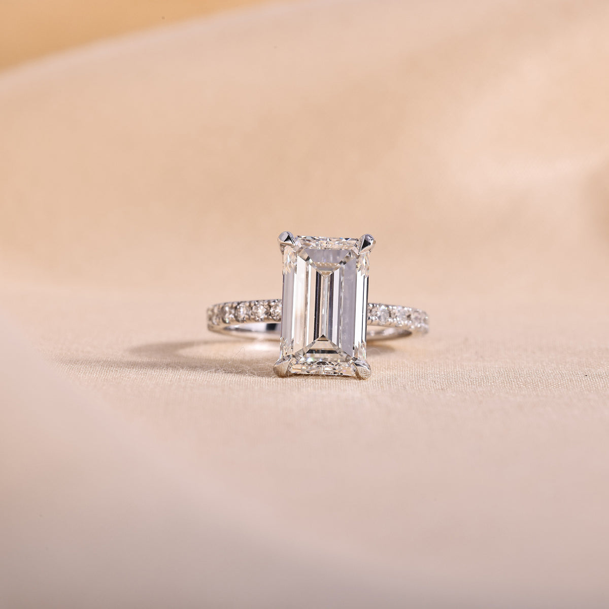 Emerald Cut Lab Grown Diamond Engagement Ring with Hidden Halo & Pave Band – 14K White Gold, 1 to 5 Carat