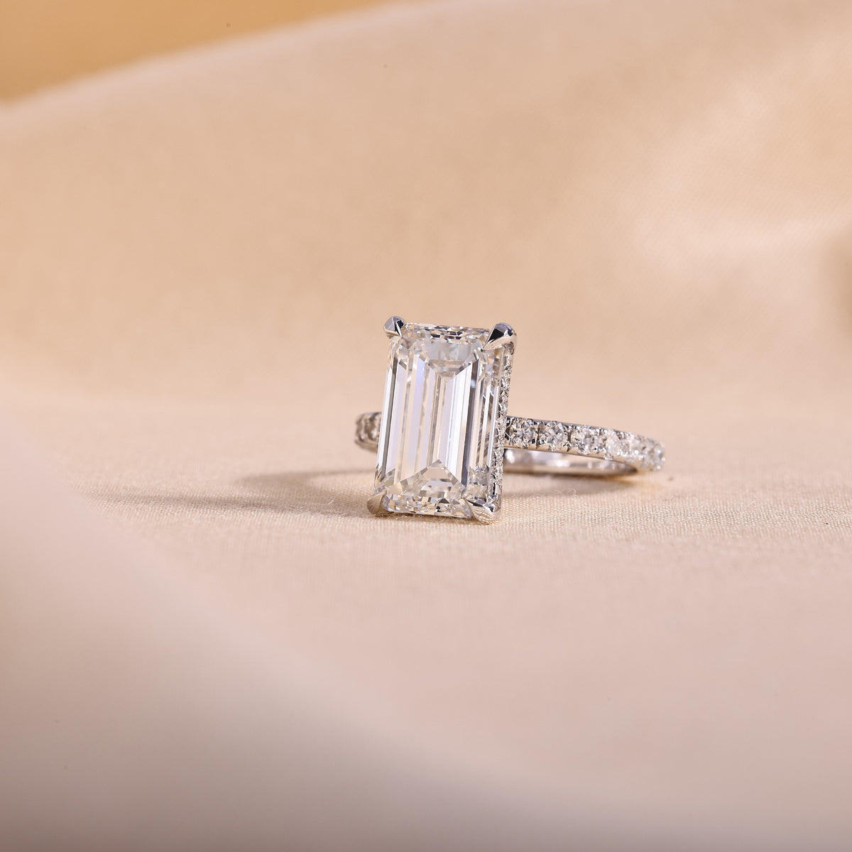 Emerald Cut Lab Grown Diamond Engagement Ring with Hidden Halo & Pave Band – 14K White Gold, 1 to 5 Carat