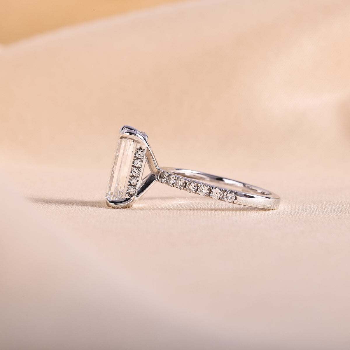 Emerald Cut Lab Grown Diamond Engagement Ring with Hidden Halo & Pave Band – 14K White Gold, 1 to 5 Carat