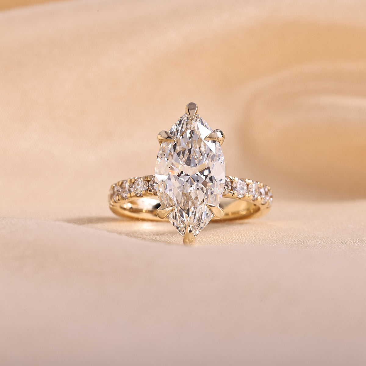 Marquise Cut Lab Grown Diamond Engagement Ring with Pave Band – 14K Yellow Gold, 5 Carat