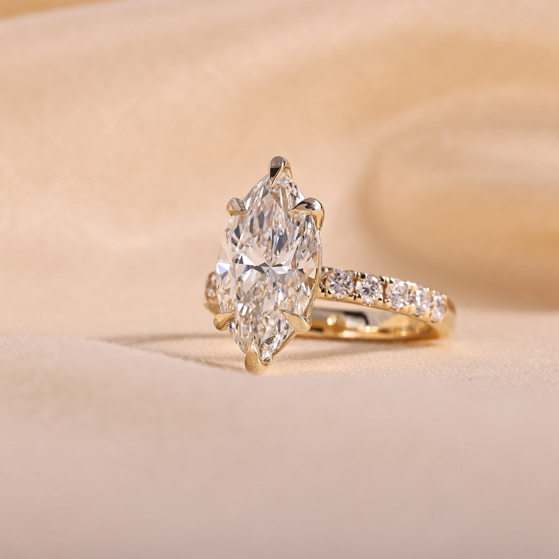 Marquise Cut Lab Grown Diamond Engagement Ring with Pave Band – 14K Yellow Gold, 5 Carat