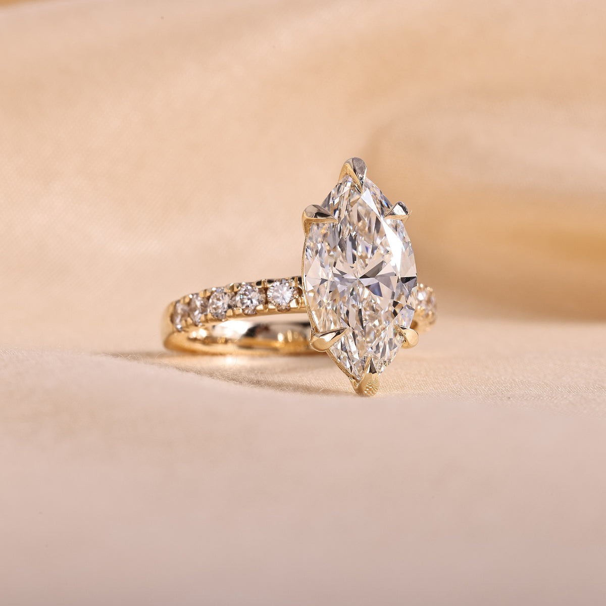 Marquise Cut Lab Grown Diamond Engagement Ring with Pave Band – 14K Yellow Gold, 5 Carat