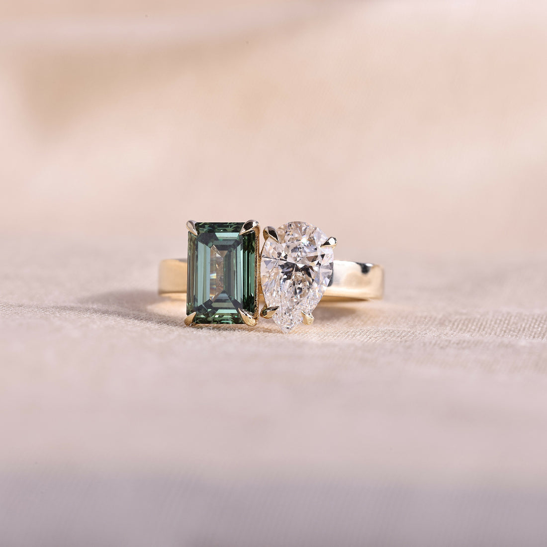 Toi Et Moi Pear & Emerald Cut Green Lab Grown Diamond Engagement Ring – 14K Yellow Gold