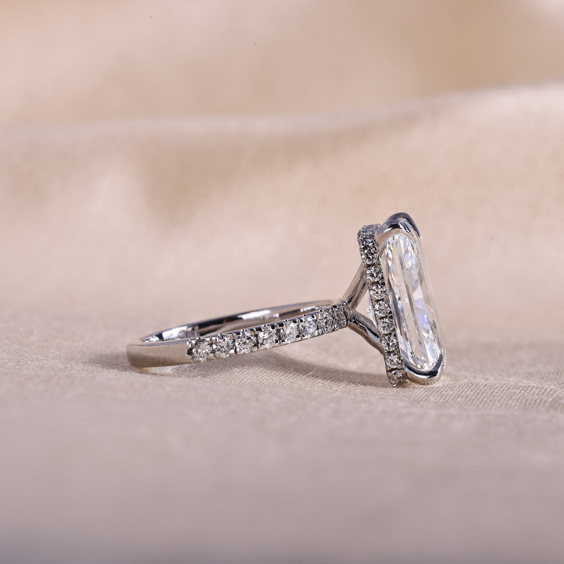 Radiant Cut Lab Grown Diamond Engagement Ring with Hidden Halo & Pave Band – 14K White Gold, 5.0Carat