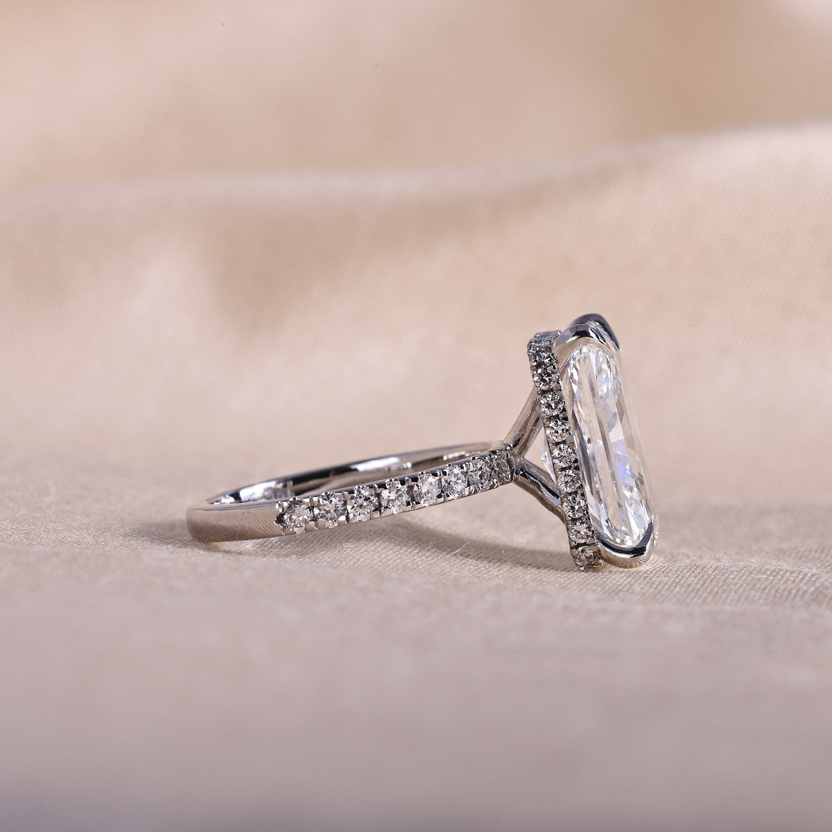 Radiant Cut Lab Grown Diamond Engagement Ring with Hidden Halo & Pave Band – 14K White Gold, 5.0Carat