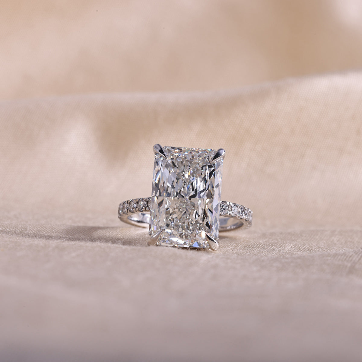 Radiant Cut Lab Grown Diamond Engagement Ring with Hidden Halo & Pave Band – 14K White Gold, 5.0Carat