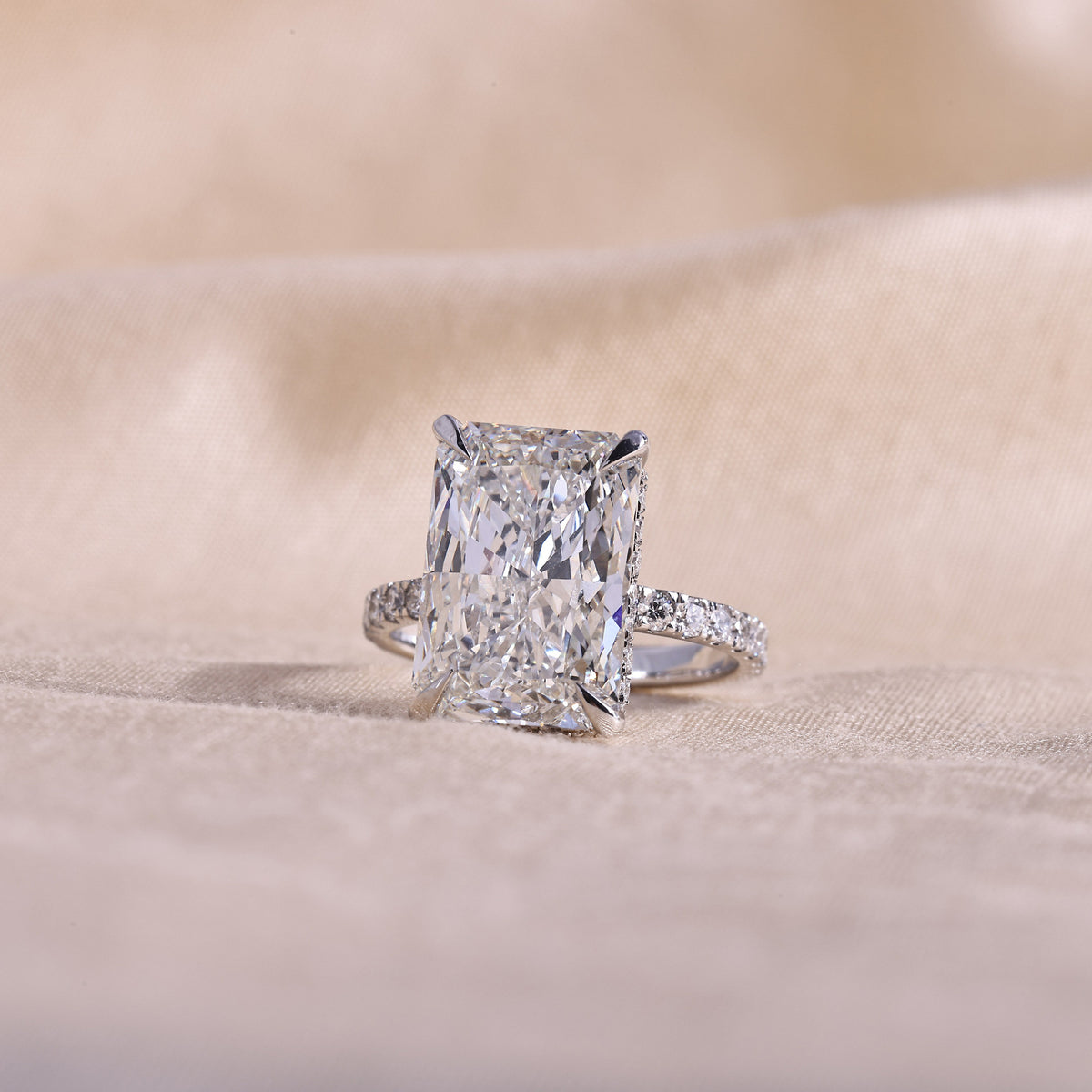 Radiant Cut Lab Grown Diamond Engagement Ring with Hidden Halo & Pave Band – 14K White Gold, 5.0Carat