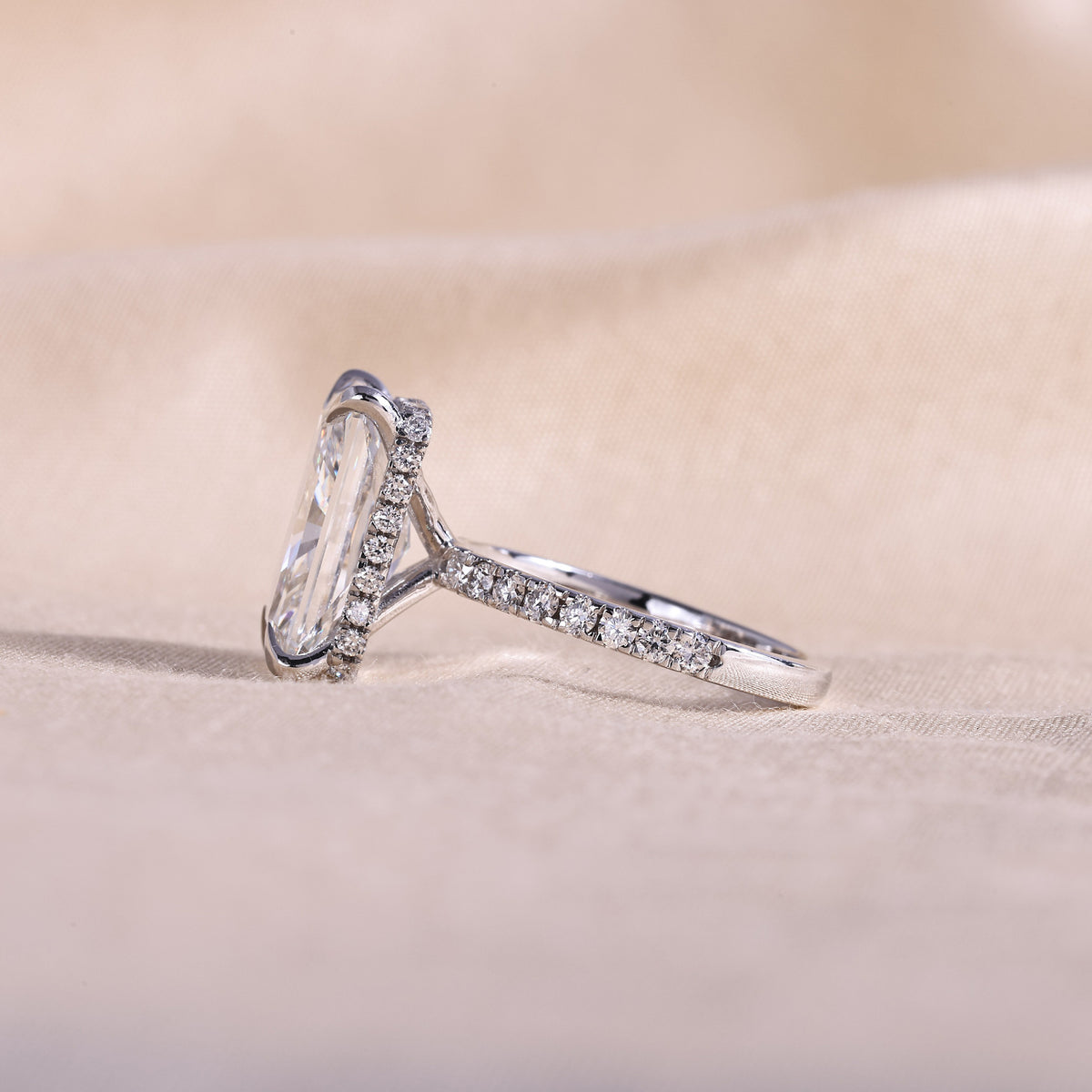 Radiant Cut Lab Grown Diamond Engagement Ring with Hidden Halo & Pave Band – 14K White Gold, 5.0Carat
