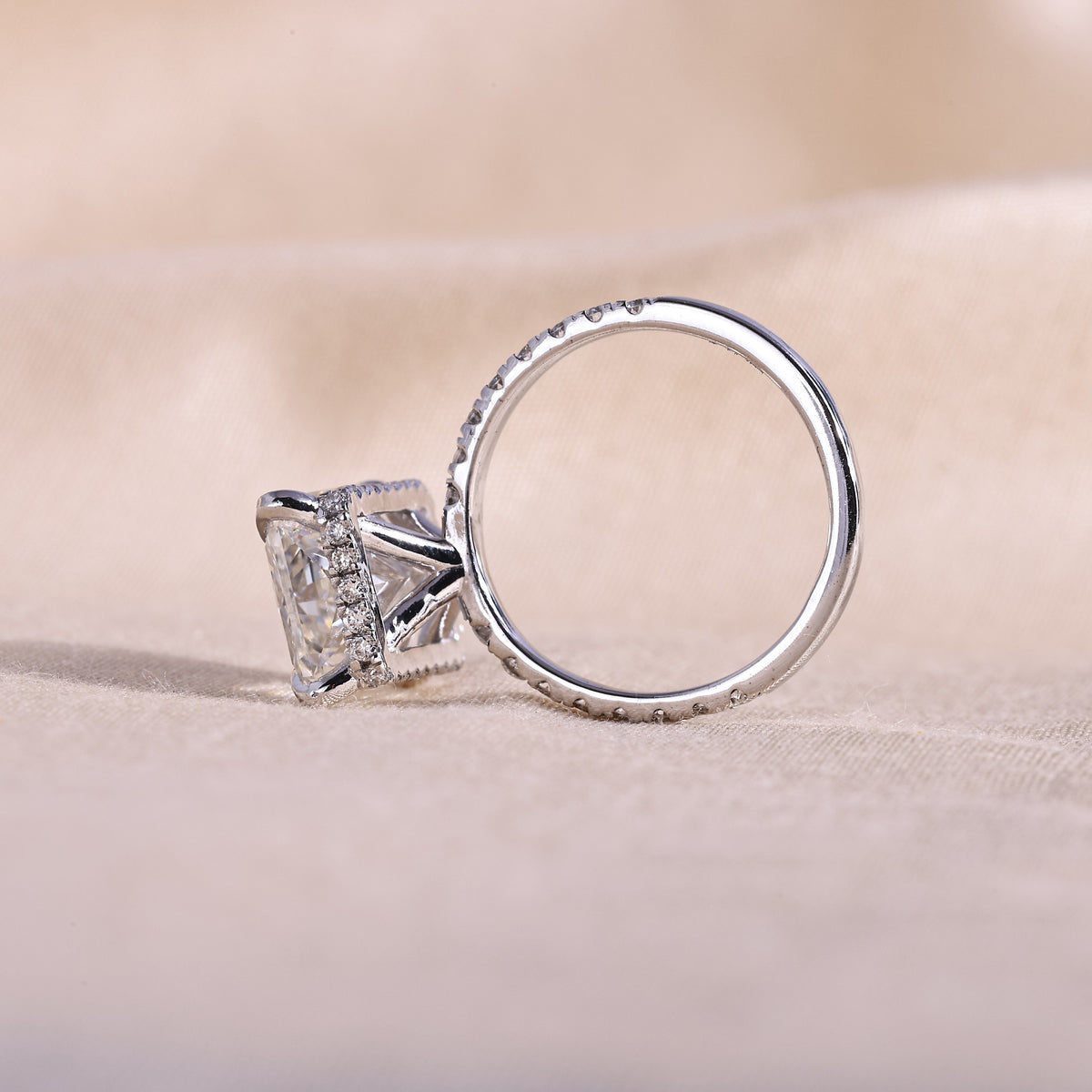 Radiant Cut Lab Grown Diamond Engagement Ring with Hidden Halo & Pave Band – 14K White Gold, 5.0Carat