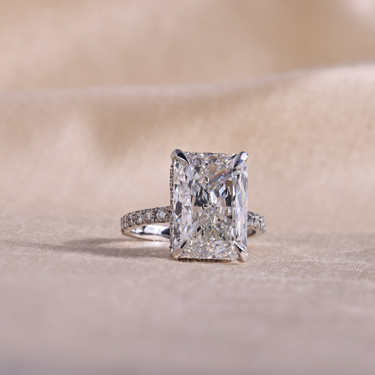 Radiant Cut Lab Grown Diamond Engagement Ring with Hidden Halo & Pave Band – 14K White Gold, 5.0Carat