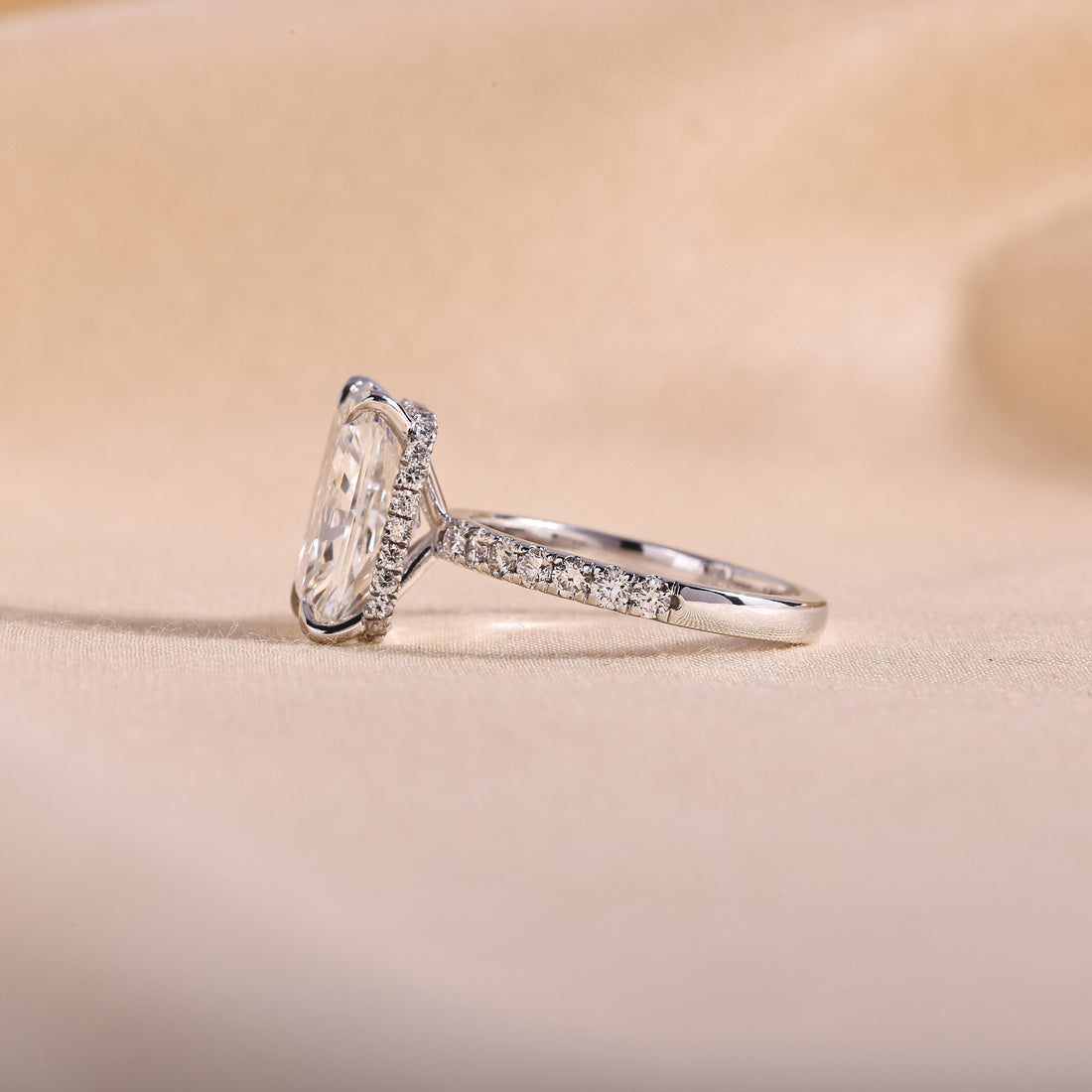 Radiant Cut Lab Grown Diamond Hidden Halo Engagement Ring – 14K White Gold Pavé Band, 3 Carat